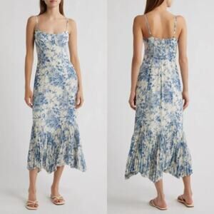 NWT Reformation Aiko Pleated Midi Slipdress Floral Print Pompadour Blue Size 10